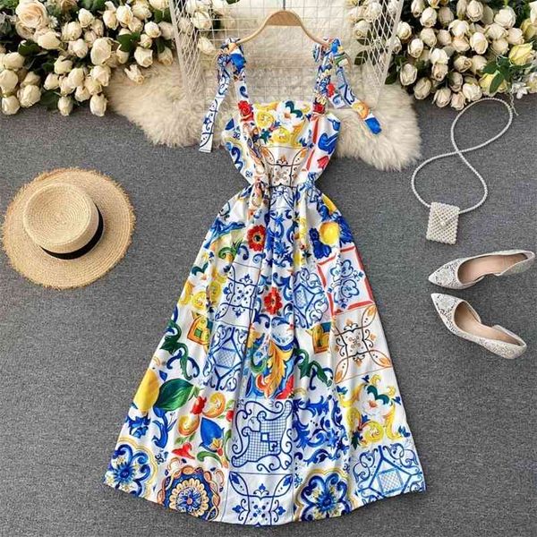 

fashion runway summer dress women's bow spaghetti strap backless blue and white porcelain floral print long 210623, Black;gray