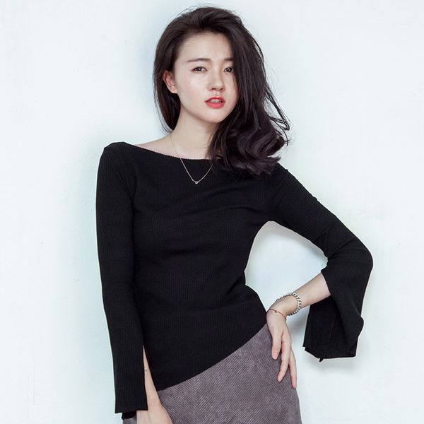 2021 new women's slim long sleeve sweater, autumn and winter, trumpet sleeve, single neckline, split knitted shirt, irregular wvxo, White;black 
2021 new women's slim long sleeve sweater, autumn and winter, trumpet sleeve, single neckline, split knitted shirt, irregular wvxo, White;black