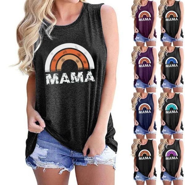 women's t-shirt mama vest rainbow printing round collar sleeveless, White
