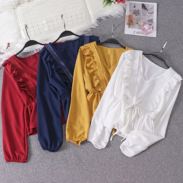 2021 new women v neck ruffled blouse summer drawstring sash lace patchwork shirts solid vintage slim blusas fashion l92r, White
2021 new women v neck ruffled blouse summer drawstring sash lace patchwork shirts solid vintage slim blusas fashion l92r, White