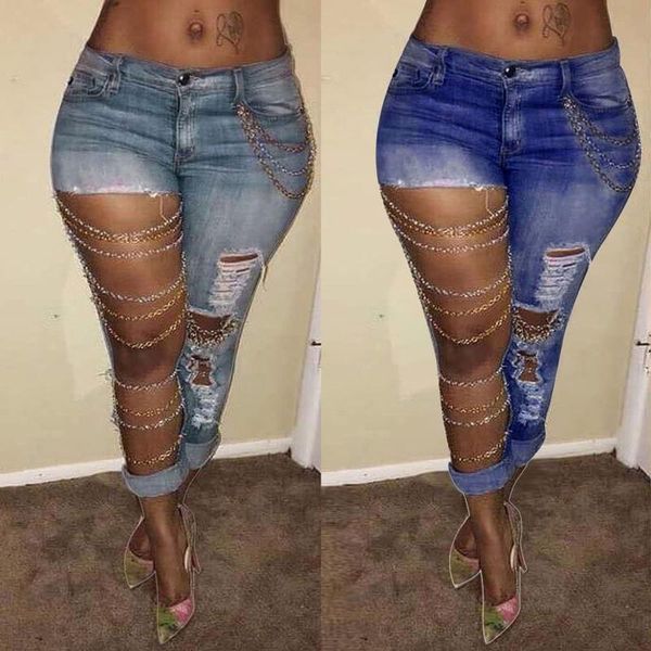women's jeans 2021 ladies fashion ripped light slim chain big hole denim pants streetwear trousers pencil sexy, Blue
women's jeans 2021 ladies fashion ripped light slim chain big hole denim pants streetwear trousers pencil sexy, Blue