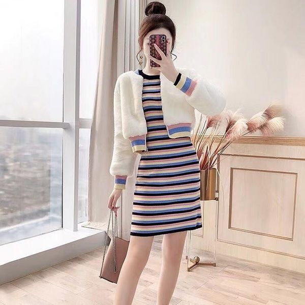 two piece dress tileewon arrival set winter warm coat with striped long sweater korean style ladies fashion clothes, White
two piece dress tileewon arrival set winter warm coat with striped long sweater korean style ladies fashion clothes, White