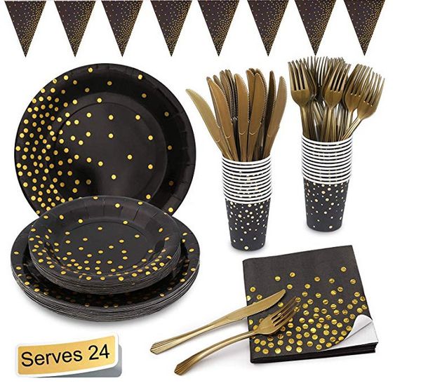 gilded black dot tableware thickened paper cup pie tray golden knife, fork spoon towel party decoration
gilded black dot tableware thickened paper cup pie tray golden knife, fork spoon towel party decoration