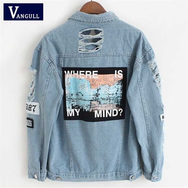 vangull women frayed denim bomber jacket appliques print long sleeve lady vintage elegant coat spring fashion hole outwear 211014, Black;brown
vangull women frayed denim bomber jacket appliques print long sleeve lady vintage elegant coat spring fashion hole outwear 211014, Black;brown