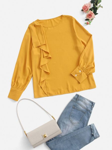 plus ruffle trim blouse j8y8#, Black 
plus ruffle trim blouse j8y8#, Black