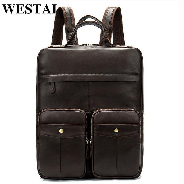 backpack westal men's leather school bagpack genuine lapfor men travel backpacks teenager bags
