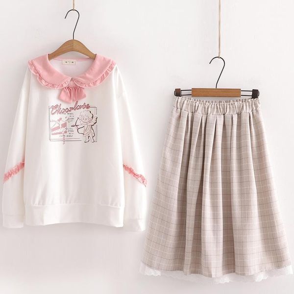 women's tracksuits 2 pieces set women cartoon print bow ruffles long sleeve sweatshirts and plaid knee length pleated skirts sweet styl, Gray
women's tracksuits 2 pieces set women cartoon print bow ruffles long sleeve sweatshirts and plaid knee length pleated skirts sweet styl, Gray