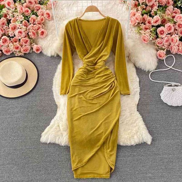 autumn draped bodycon womens dresses midi elegant v neck long sleeve party robe female yellow green black casual vestidos, Black;gray
autumn draped bodycon womens dresses midi elegant v neck long sleeve party robe female yellow green black casual vestidos, Black;gray