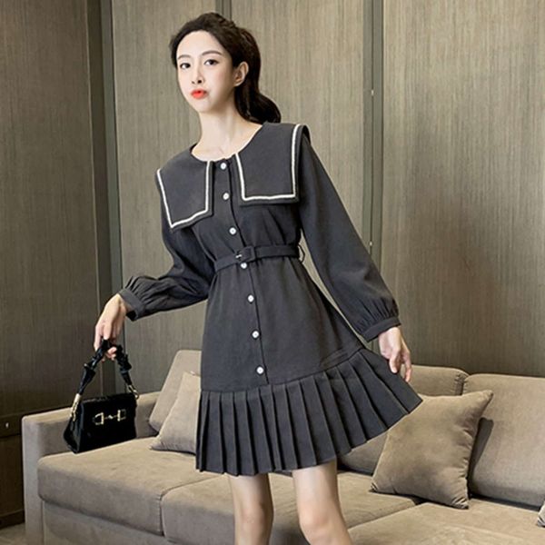 long sleeve dress in spring of 2021 new slim waist style age reducing navy collar casual pleated skirt, Black;gray
long sleeve dress in spring of 2021 new slim waist style age reducing navy collar casual pleated skirt, Black;gray