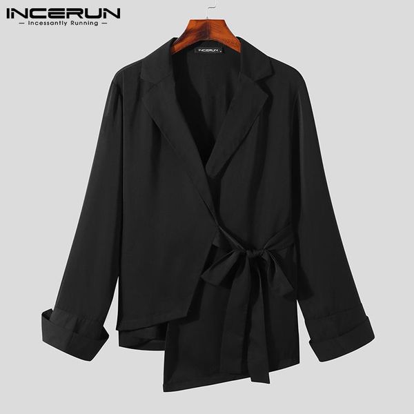 men's suits & blazers incerun fashion men casual blazer solid color lapel 2021 long sleeve irregular streetwear lace up coats outerwear, White;black 
men's suits & blazers incerun fashion men casual blazer solid color lapel 2021 long sleeve irregular streetwear lace up coats outerwear, White;black