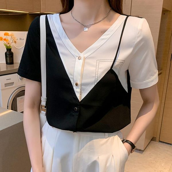 women's blouses & shirts blouse female 2021 summer office lady v-neck short sleeve casual shirt elegant single breasted loose chiffon o, White
women's blouses & shirts blouse female 2021 summer office lady v-neck short sleeve casual shirt elegant single breasted loose chiffon o, White