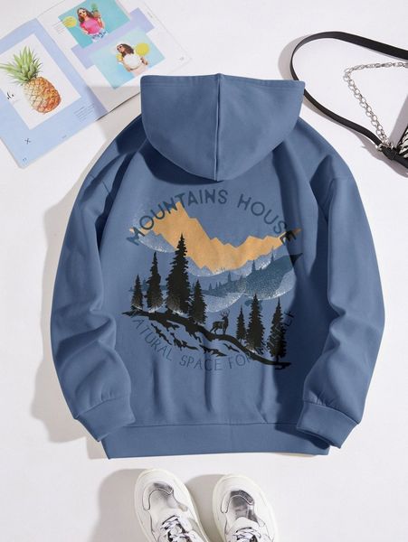 slogan & mountain print drawstring thermal hoodie 40c3#, White;black