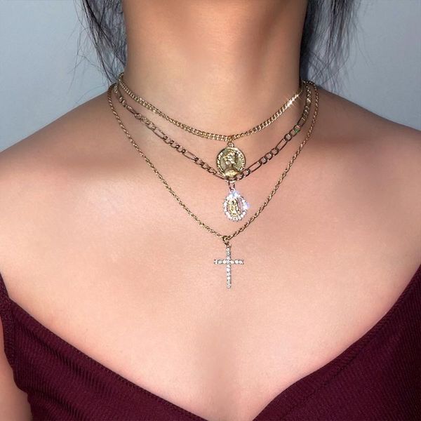 chains ins iced out paved rhinestone cross pendent necklaces for women multilayer portrait coin geometric choker necklace jewelry korea, Silver
chains ins iced out paved rhinestone cross pendent necklaces for women multilayer portrait coin geometric choker necklace jewelry korea, Silver