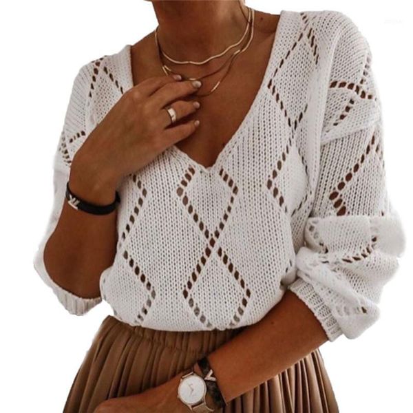 women solid color sweaters diamond hollow out design see through v-neck long sleeve spring autumn casual loose kniited women's, White;black
women solid color sweaters diamond hollow out design see through v-neck long sleeve spring autumn casual loose kniited women's, White;black