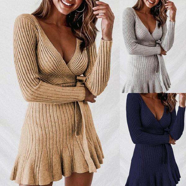 casual dresses 2021 women's deep v neck dress long sleeve knit waist show thin temperament sweater, Black;gray
casual dresses 2021 women's deep v neck dress long sleeve knit waist show thin temperament sweater, Black;gray