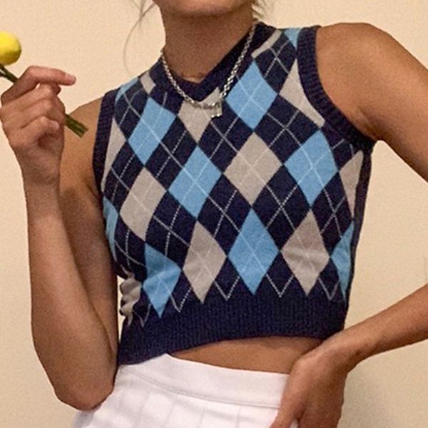 v neck vintage argyle sweater vest women black sleeveless plaid knitted crop sweaters casual autumn preppy style, White;black
v neck vintage argyle sweater vest women black sleeveless plaid knitted crop sweaters casual autumn preppy style, White;black