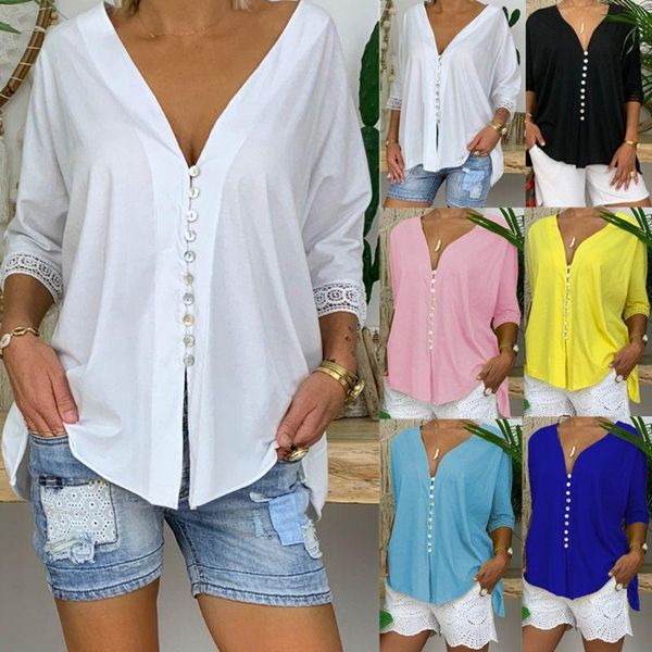women v neck three quarter sleeve bagggy loose button blouse office lady summer casual solid color shirts s-5xl, White
women v neck three quarter sleeve bagggy loose button blouse office lady summer casual solid color shirts s-5xl, White