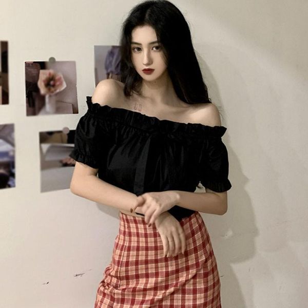 women's blouses & shirts slimmming fresh plaid slash neck sweet exposed navel short sleeve, White
women's blouses & shirts slimmming fresh plaid slash neck sweet exposed navel short sleeve, White