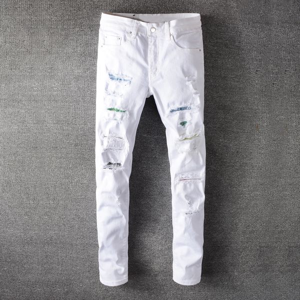 2021 new fashion streetwear white color slim fit elastic ripped men patches designer night club punk pants hip hop jeans ens5, Blue
2021 new fashion streetwear white color slim fit elastic ripped men patches designer night club punk pants hip hop jeans ens5, Blue