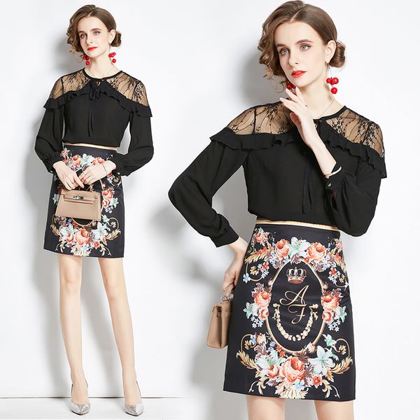 spring lightly cooked style lace-up bow-knot thin lace stitching + slim-fit hip skirt suit 210525, White