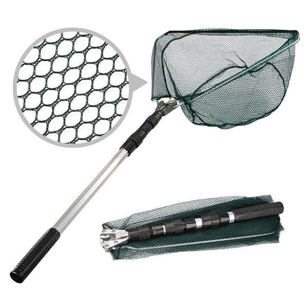 fishing accessories folding aluminum handle landing net 3 section extending pole tool