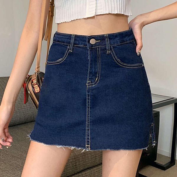 hip hop summer high waist new style 2021 spring grey denim women's short skirt with split ends and buttocks k, Blue