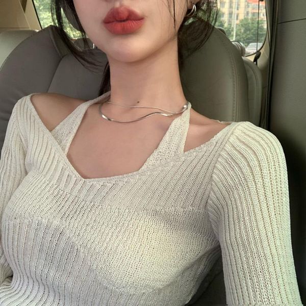 women's sweaters fake two-piece halter white sweater autumn 2021 long sleeve slim thin simple basic fashion bottoming top, White;black
women's sweaters fake two-piece halter white sweater autumn 2021 long sleeve slim thin simple basic fashion bottoming top, White;black