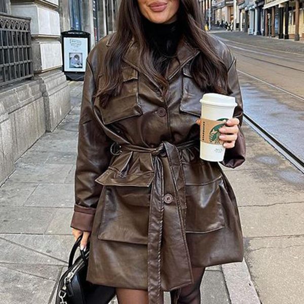 women's leather & faux floy fashion notched high imitation coats women elegant loose coffee pu jackets tie belt ladies, Black
women's leather & faux floy fashion notched high imitation coats women elegant loose coffee pu jackets tie belt ladies, Black