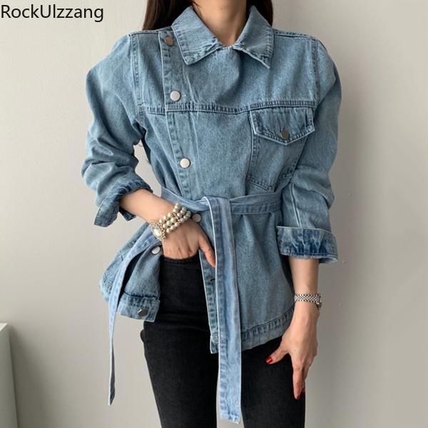 women's jackets long sleeve denim button pocket turn down neck jacket with wrap belt korean women slim coat jeans windbreaker spring au, Black;brown
women's jackets long sleeve denim button pocket turn down neck jacket with wrap belt korean women slim coat jeans windbreaker spring au, Black;brown