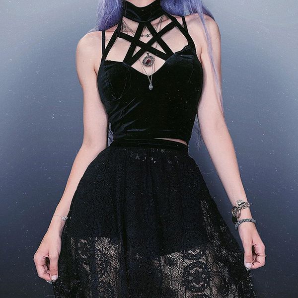 women backless hanging neck velvet camisole goth pentagram bandage halter female hollow out bodycon tank, White
women backless hanging neck velvet camisole goth pentagram bandage halter female hollow out bodycon tank, White