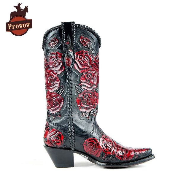 boots prowow designer women western cowboy knee high genuine leather handmade fretwork carving red rose corral long, Black
boots prowow designer women western cowboy knee high genuine leather handmade fretwork carving red rose corral long, Black