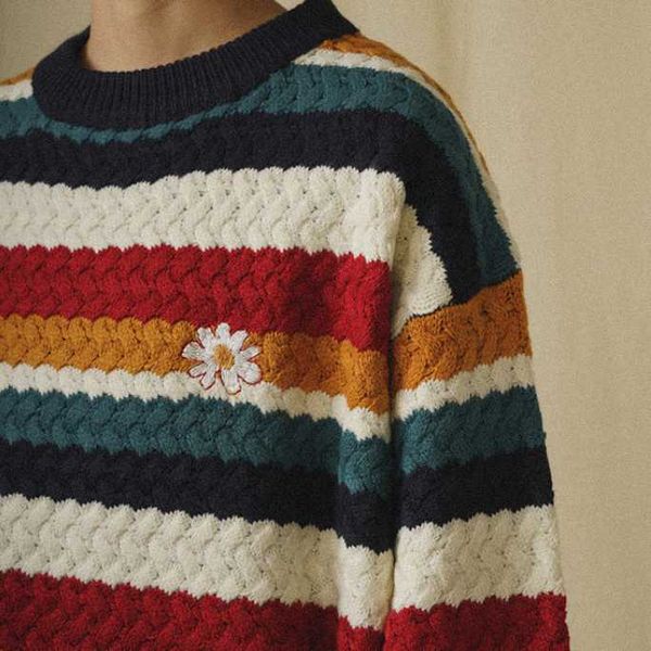 japanese retro daisy rainbow striped sweater men women loose ins style wind trend lovers autumn and winter designer clothes, White;black 
japanese retro daisy rainbow striped sweater men women loose ins style wind trend lovers autumn and winter designer clothes, White;black