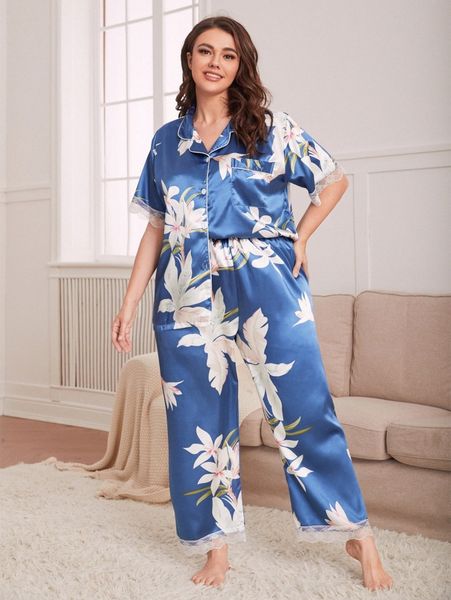 plus floral print lace trim contrast piping satin pj set n5x5#, Black;white
plus floral print lace trim contrast piping satin pj set n5x5#, Black;white