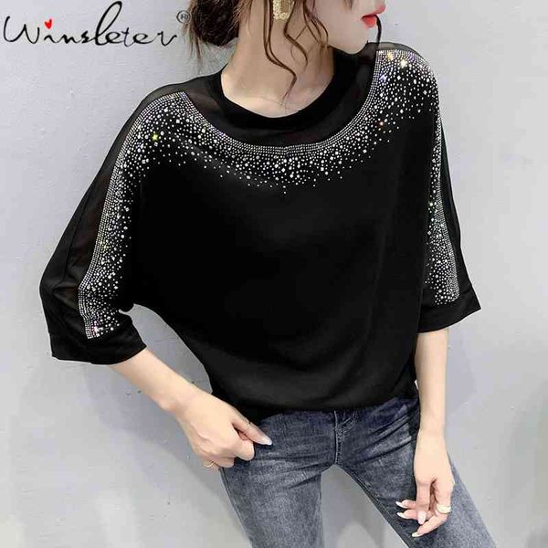 women's t-shirt summer european clothes loose fashion patchwork mesh transparent shiny diamonds women half sleeve tees t, White
women's t-shirt summer european clothes loose fashion patchwork mesh transparent shiny diamonds women half sleeve tees t, White