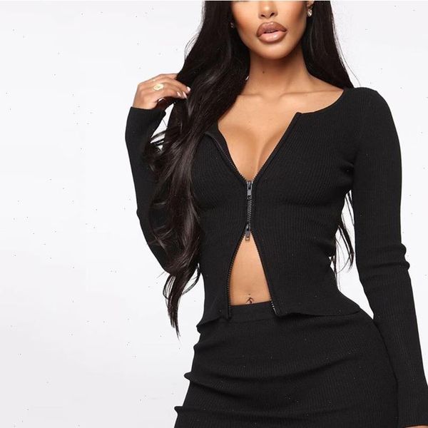 ribbed knit two piece set women double zipper split sleeve casual mini skirt set white two piece outfits, Gray
ribbed knit two piece set women double zipper split sleeve casual mini skirt set white two piece outfits, Gray