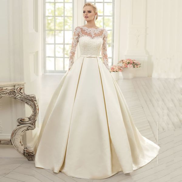 satin wedding dress with pockets o-neck long sleeve arabic lace bridal gown robe de mariee vestido de noiva brautkleider vintage, White
satin wedding dress with pockets o-neck long sleeve arabic lace bridal gown robe de mariee vestido de noiva brautkleider vintage, White