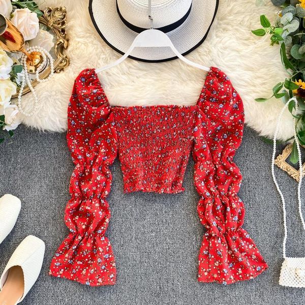 women korean style floral print square collar short chiffon blouse vintage design fashion female beach wear, White
women korean style floral print square collar short chiffon blouse vintage design fashion female beach wear, White