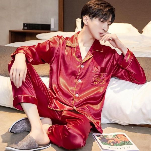 women's sleepwear embroidery men pajamas set satin lapel loose casual sleep big size 2pcs shirt&pant long sleeve collar home cloth, Black;red
women's sleepwear embroidery men pajamas set satin lapel loose casual sleep big size 2pcs shirt&pant long sleeve collar home cloth, Black;red