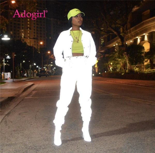 two piece dress adogirl women reflective tracksuit night version buttons turn down collar long sleeve crop + casual pants set, White
two piece dress adogirl women reflective tracksuit night version buttons turn down collar long sleeve crop + casual pants set, White