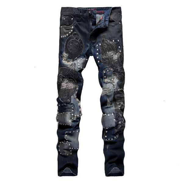 new men's male fashion owl embroidery slim straight jeans rivet patchwork denim pants trousers habp, Blue
new men's male fashion owl embroidery slim straight jeans rivet patchwork denim pants trousers habp, Blue