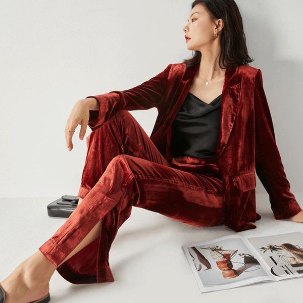 women's two piece pants wine red velvet business casual women set blazers suits ladies dark green silk blazer fall high waist wide, White
women's two piece pants wine red velvet business casual women set blazers suits ladies dark green silk blazer fall high waist wide, White