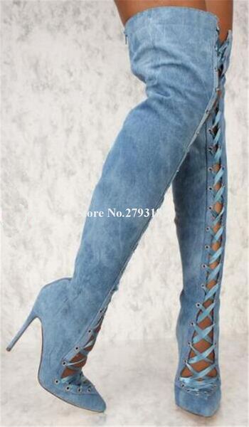 boots ladies fashion pointed toe blue white denim over knee thin heel gladiator cut-out lace-up long high, Black
boots ladies fashion pointed toe blue white denim over knee thin heel gladiator cut-out lace-up long high, Black