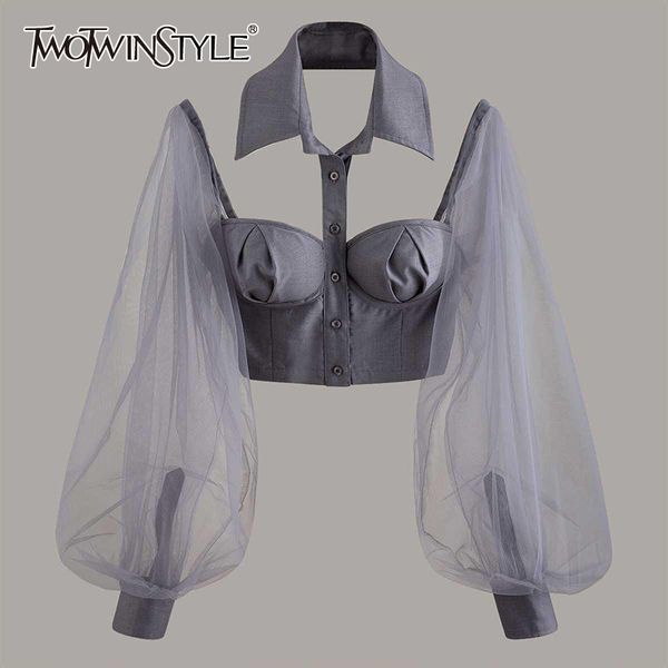 twotwinstyle elegant hollow out women shirt lapel collar lantern long sleeve patchwork mesh short blouse for female fashion tide 210225, White
twotwinstyle elegant hollow out women shirt lapel collar lantern long sleeve patchwork mesh short blouse for female fashion tide 210225, White