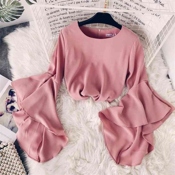 spring summer brand pure color round collar long flare sleeve loose thin chiffon shirts female blouse d510 210527, White
spring summer brand pure color round collar long flare sleeve loose thin chiffon shirts female blouse d510 210527, White