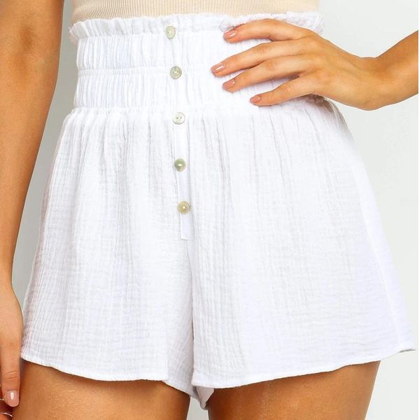 women's shorts summer elastic waist pleated button solid color women oversized casual loose streetwear jogging fashion short pants, White;black
women's shorts summer elastic waist pleated button solid color women oversized casual loose streetwear jogging fashion short pants, White;black