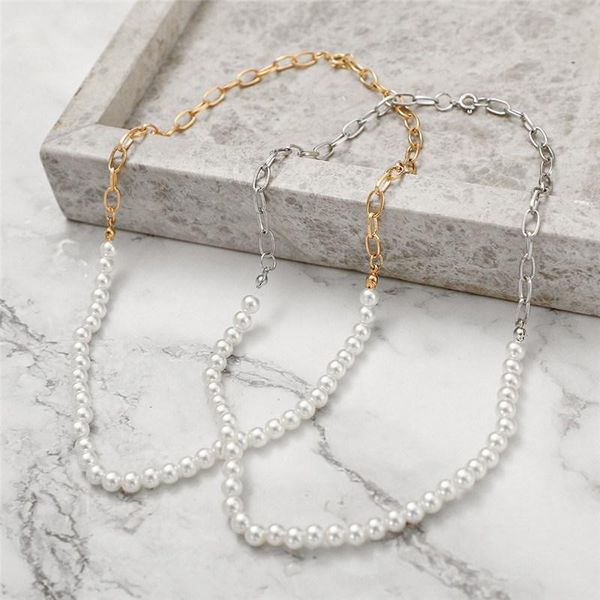 chains fashion pearl necklace splicing metal chain retro round bone, Silver
chains fashion pearl necklace splicing metal chain retro round bone, Silver