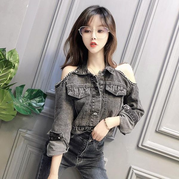 women's jackets tide spring and autumn wear korean female off shoulder denim jacket short loose high waist, Black;brown
women's jackets tide spring and autumn wear korean female off shoulder denim jacket short loose high waist, Black;brown