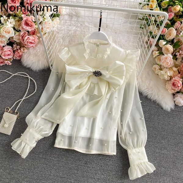 women's blouses & shirts korobov chiffon shirt women 2021 stand collar bow knot ruffle long sleeve basic blouse pearl design elegant b, White 
women's blouses & shirts korobov chiffon shirt women 2021 stand collar bow knot ruffle long sleeve basic blouse pearl design elegant b, White