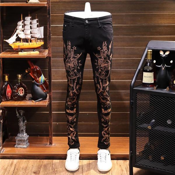 men's jeans black gold key chain print homme slim fit vintage denim pant hombre skinny social club colorful jean trousers men, Blue
men's jeans black gold key chain print homme slim fit vintage denim pant hombre skinny social club colorful jean trousers men, Blue