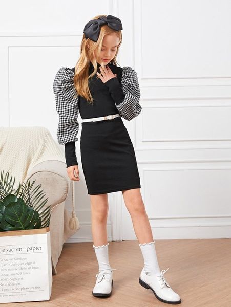 girls contrast houndstooth puff sleeve dress without belt she, Red;yellow
girls contrast houndstooth puff sleeve dress without belt she, Red;yellow